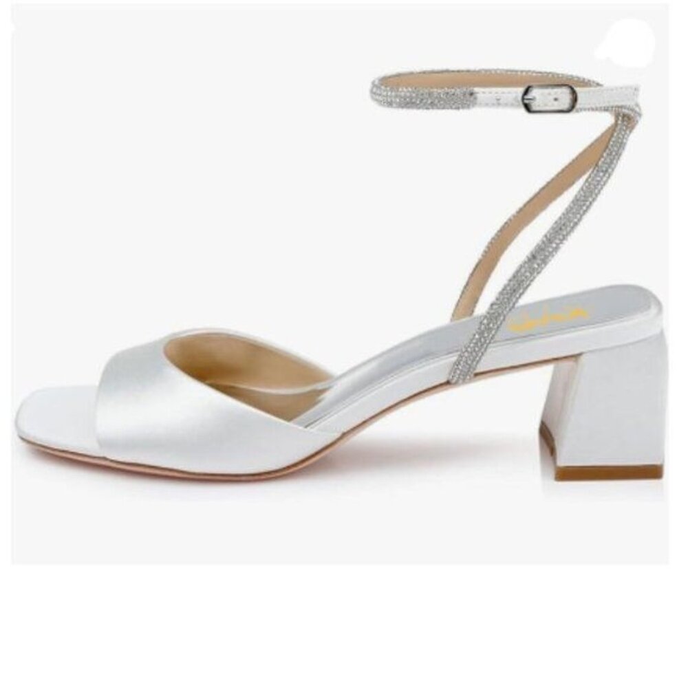 XYD White Square Toe Sandal Pumps Chunky Low Heel Ankle Strap Buckle Shoes